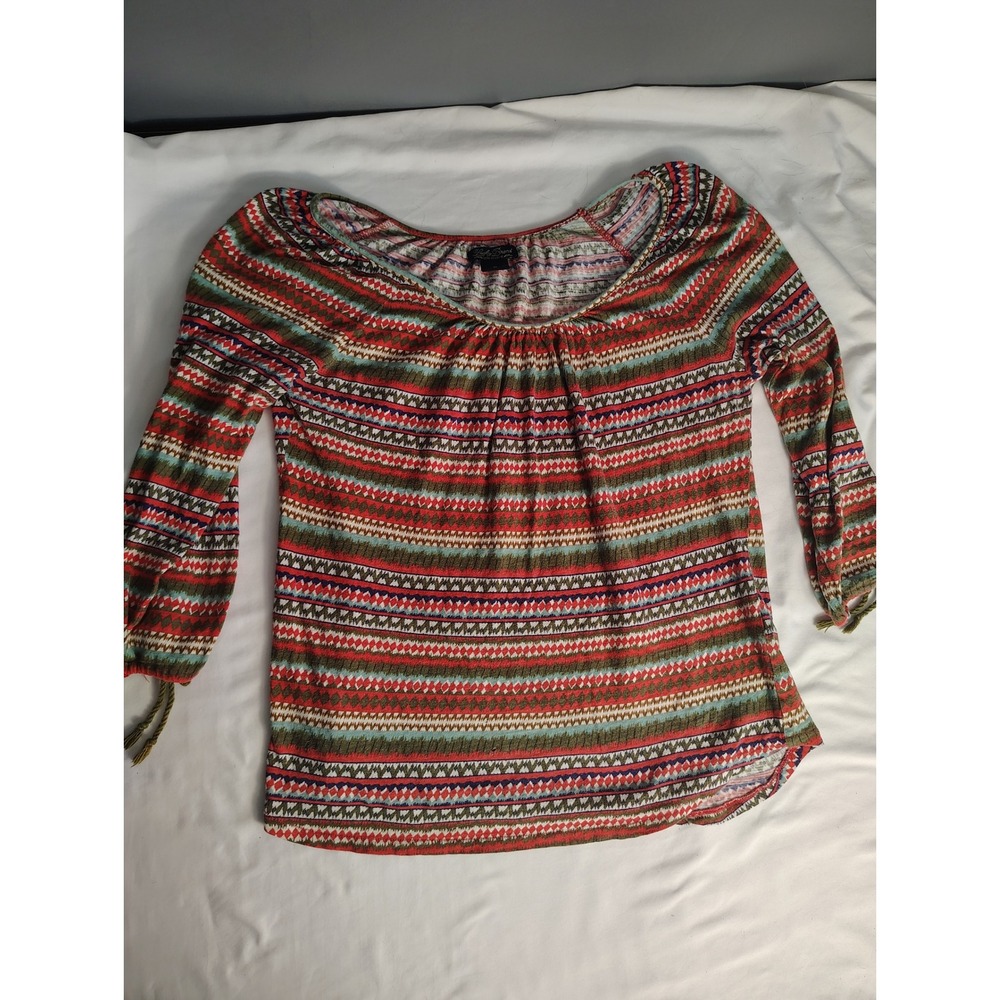 Lucky Brand Womens Geometric‎ Fair Isle Scoop Neck Long Sleeve Cotton Top Red M